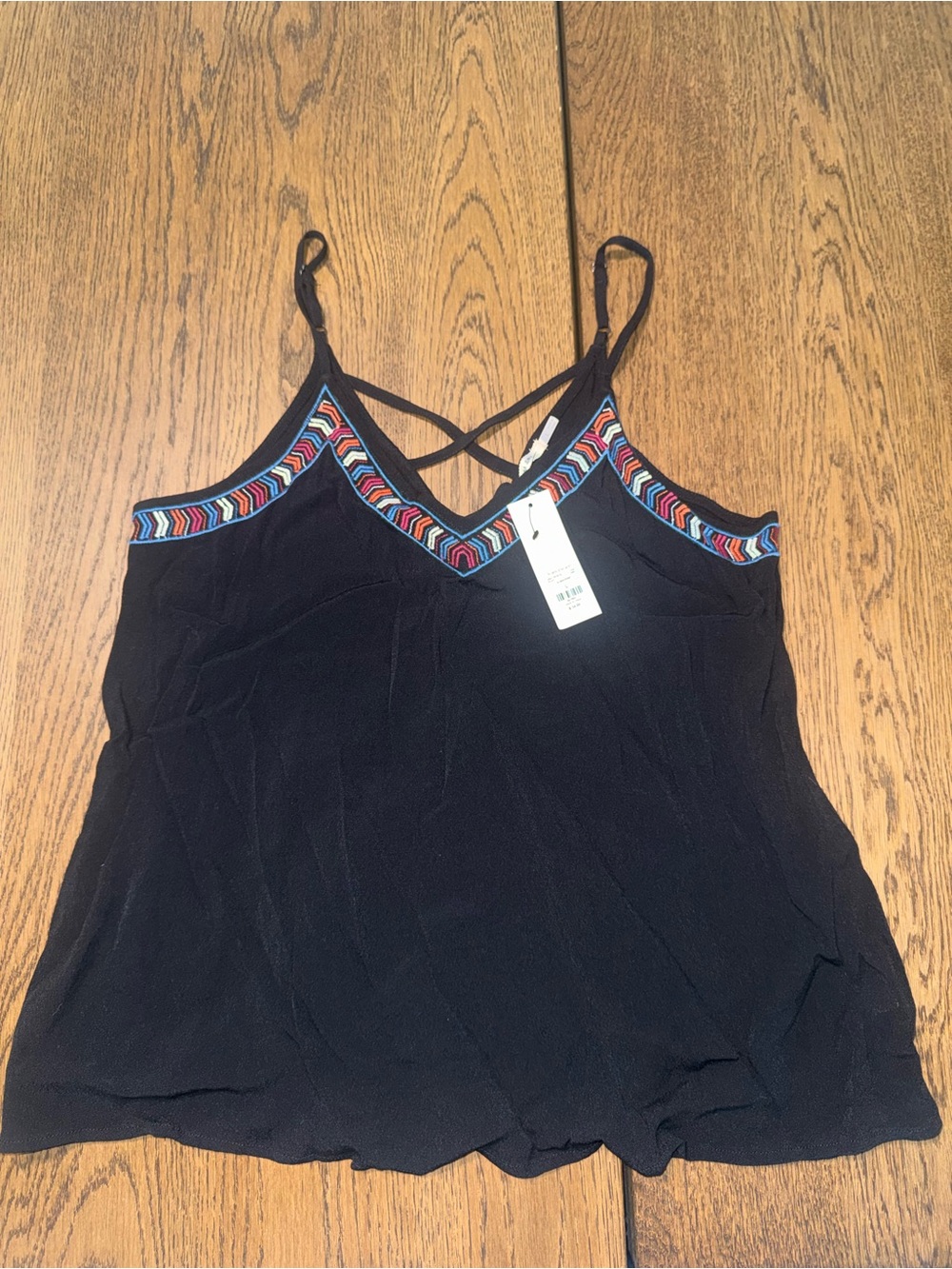 Francesca's Collections Black Cami with Multicolor Embroidered Trim
